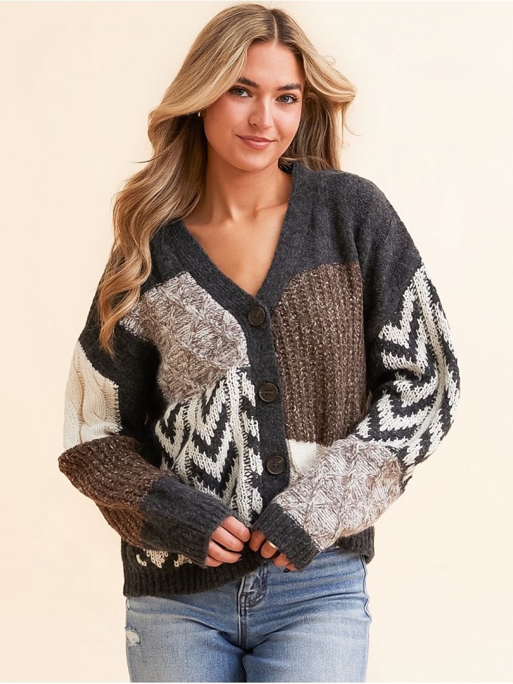 Blu Pepper Colorblock Patchwork Cardigan in Charcoal, Brown & Cream